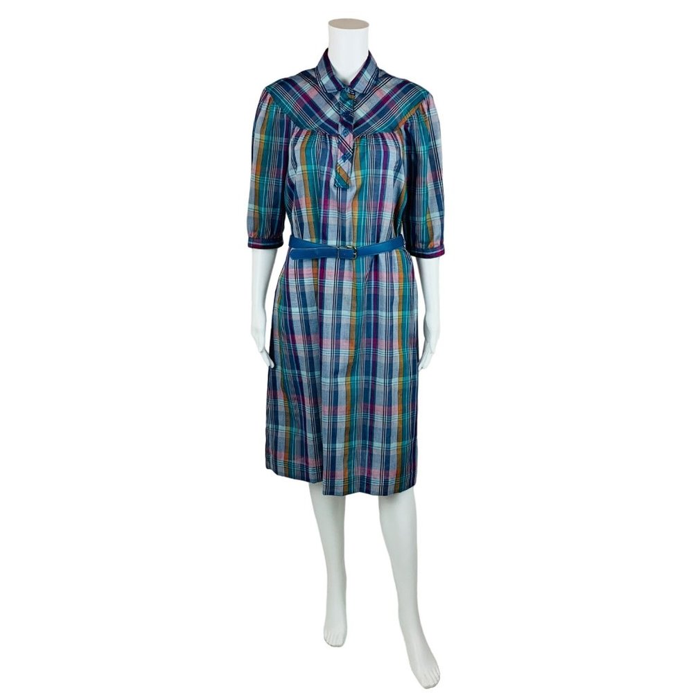Vintage 1980s Purple Plaid Dress Blue Belted Sheath | B 42"